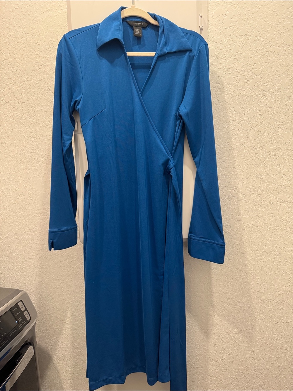 Express Deep Blue Long-Sleeve Wrap Dress with Collar